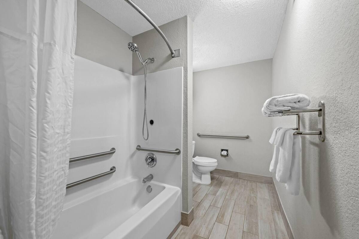 A modern bathroom with a bathtub, shower, toilet, and handrails.