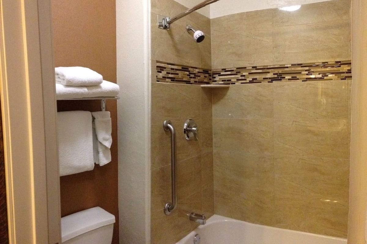 Une douche avec un pommeau de douche amovible et une baignoire.