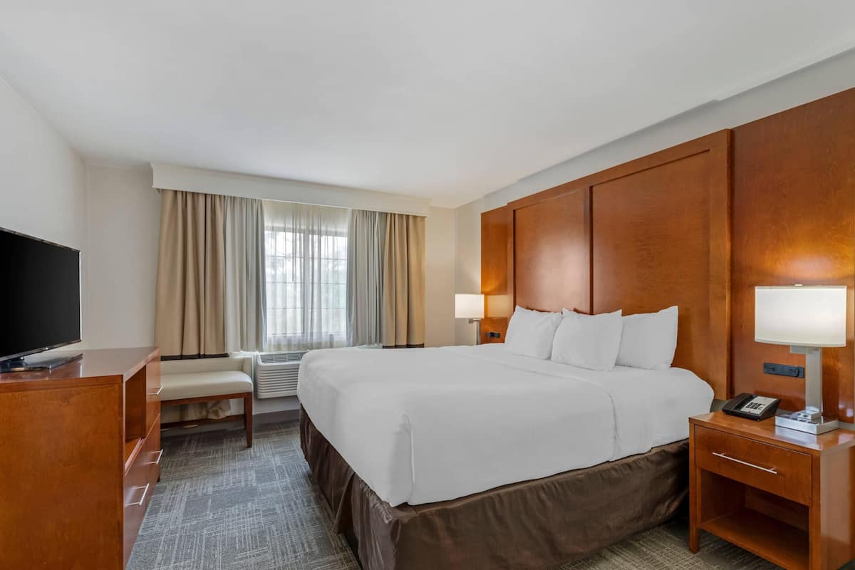 Une chambre d’hôtel avec un grand lit, une télévision, un bureau, une chaise et une fenêtre avec des rideaux.