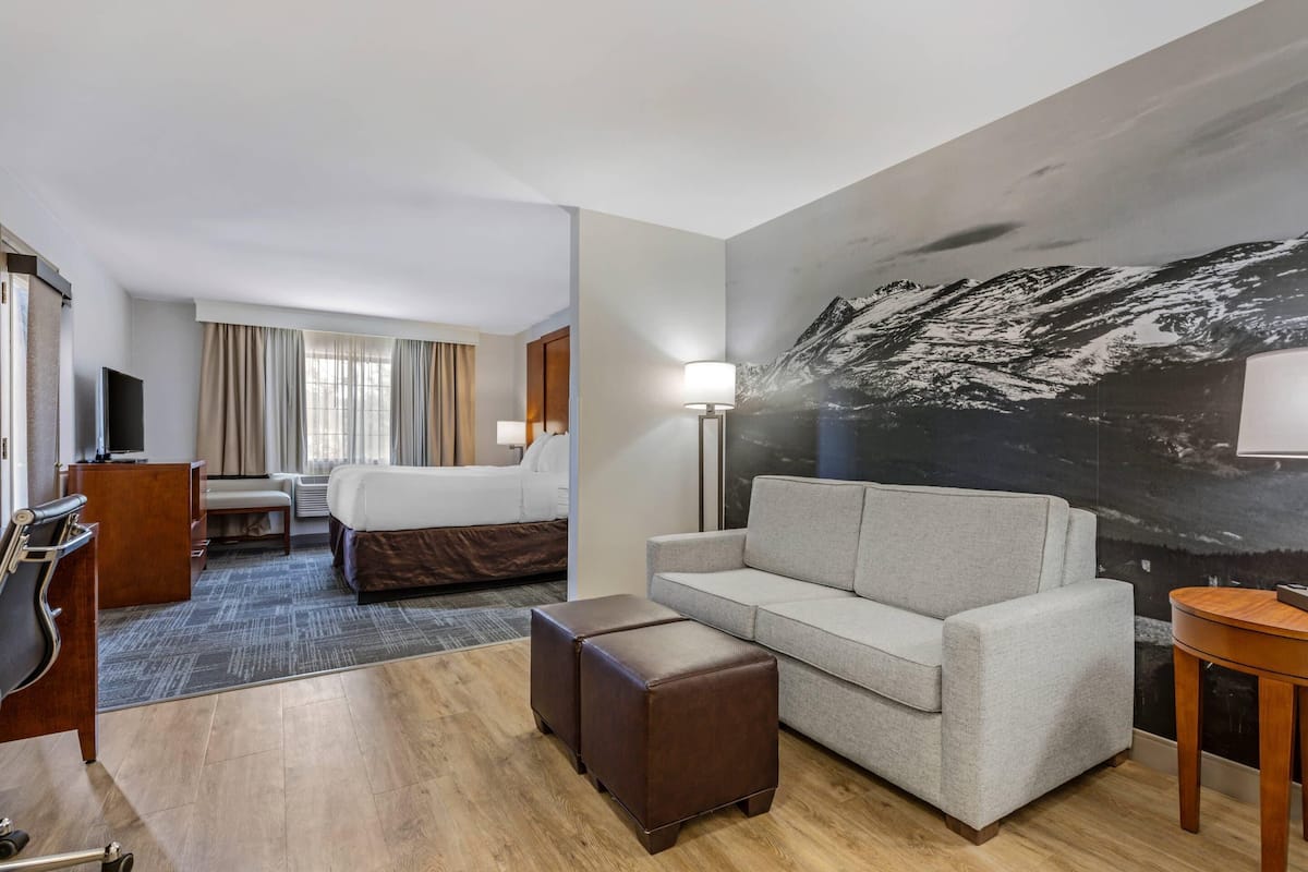 Une chambre d’hôtel avec un lit, un canapé, un bureau, une chaise, une télévision et un grand tableau représentant une montagne accroché au mur.