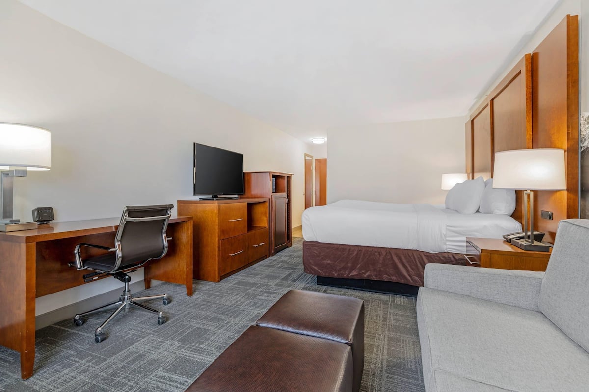 Une chambre d’hôtel comprenant un lit, un bureau, une chaise, une télévision et un canapé.