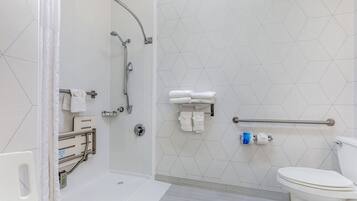 Un baño moderno con ducha, inodoro y barras de apoyo.