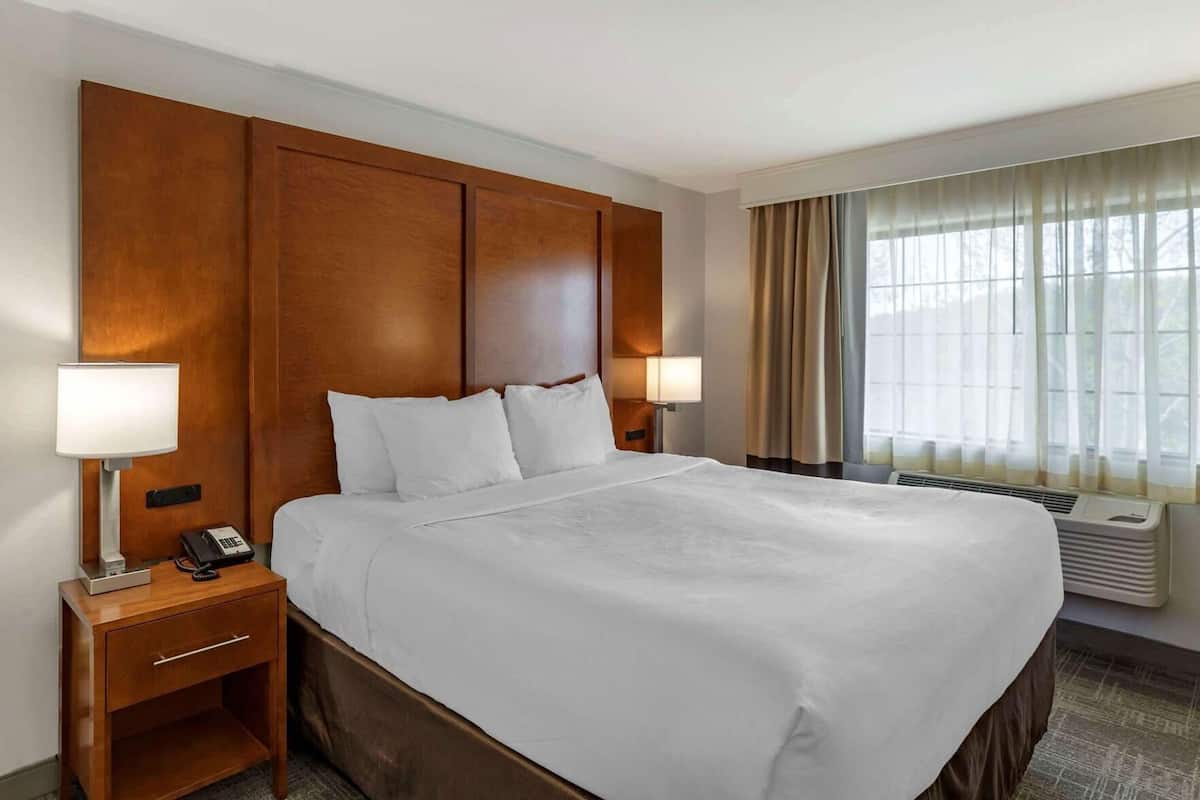 Une chambre d’hôtel avec un grand lit, deux tables de chevet avec des lampes, un téléphone et un appareil de climatisation.
