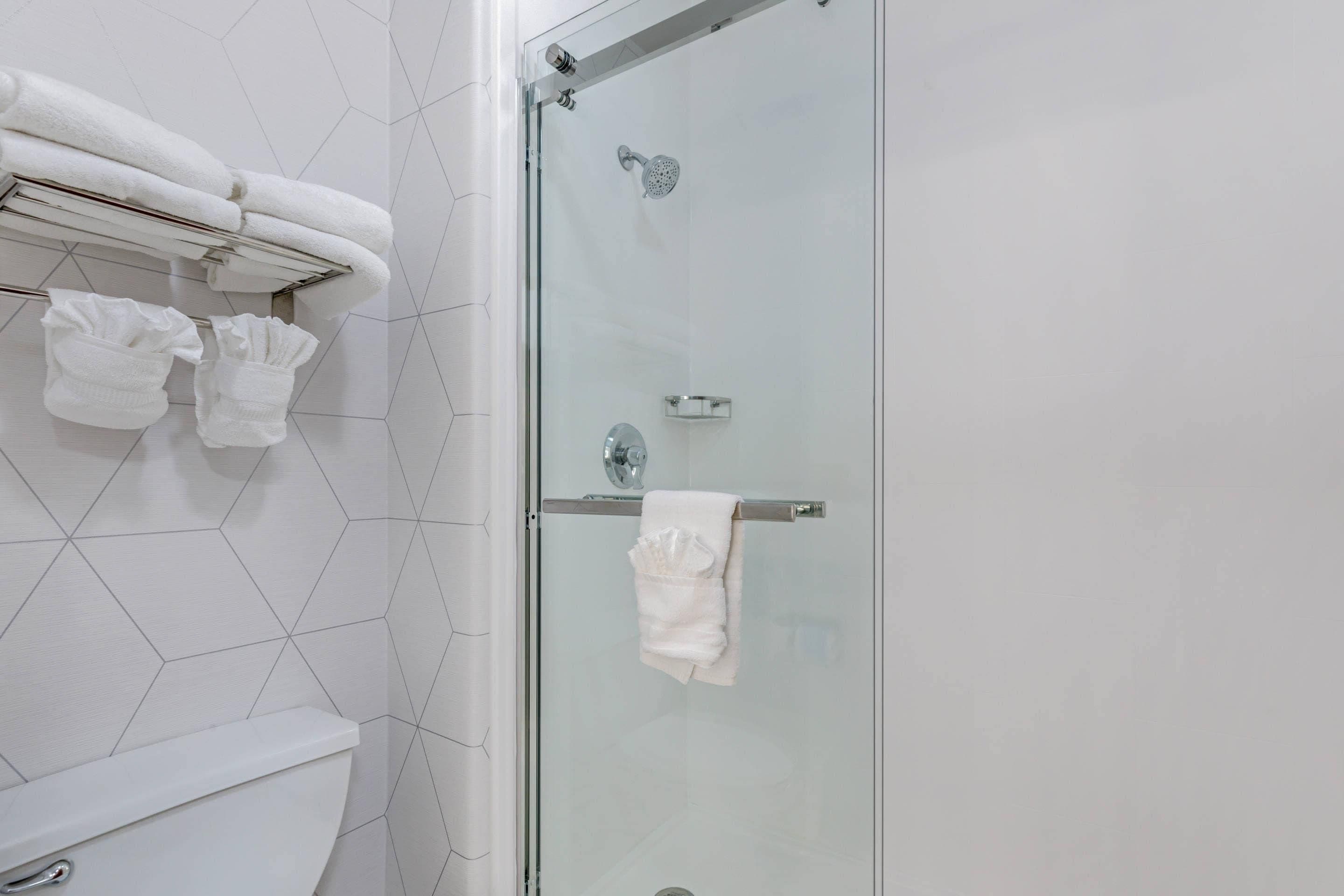 Um chuveiro envidraçado com chuveiro manual, porta de vidro e porta-toalhas com toalhas dobradas.