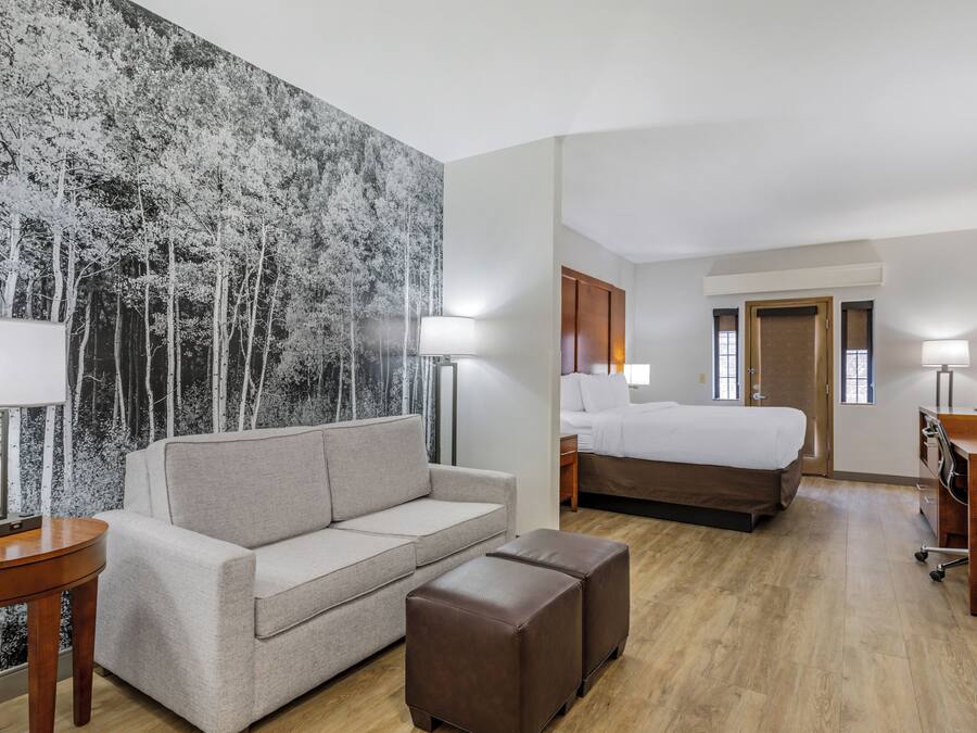 Habitación de hotel con sofá, cama, escritorio y un gran mural en la pared.