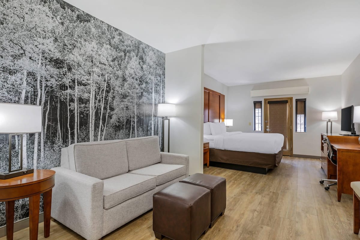 Une chambre d’hôtel équipée d’un canapé, d’un lit, d’un bureau, d’une lampe et d’une grande fresque murale.