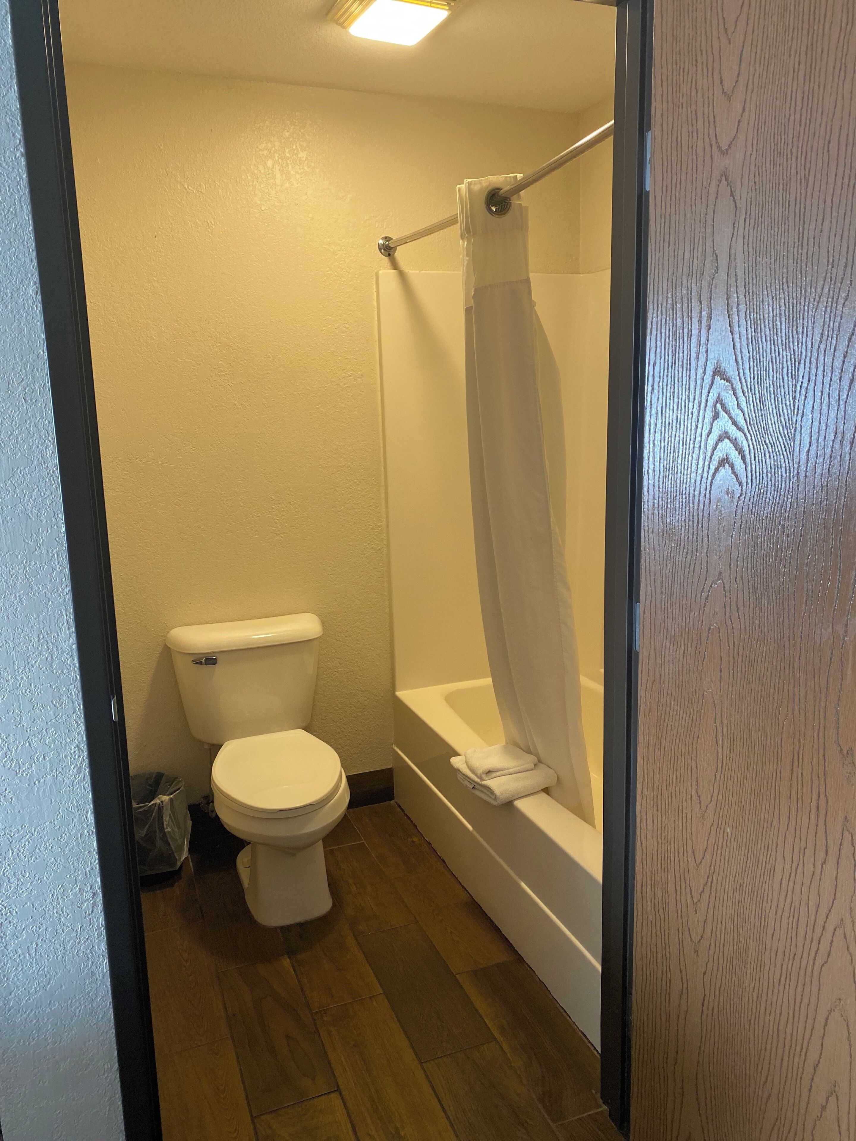 A bathroom with a toilet, a bathtub, and a shower curtain.