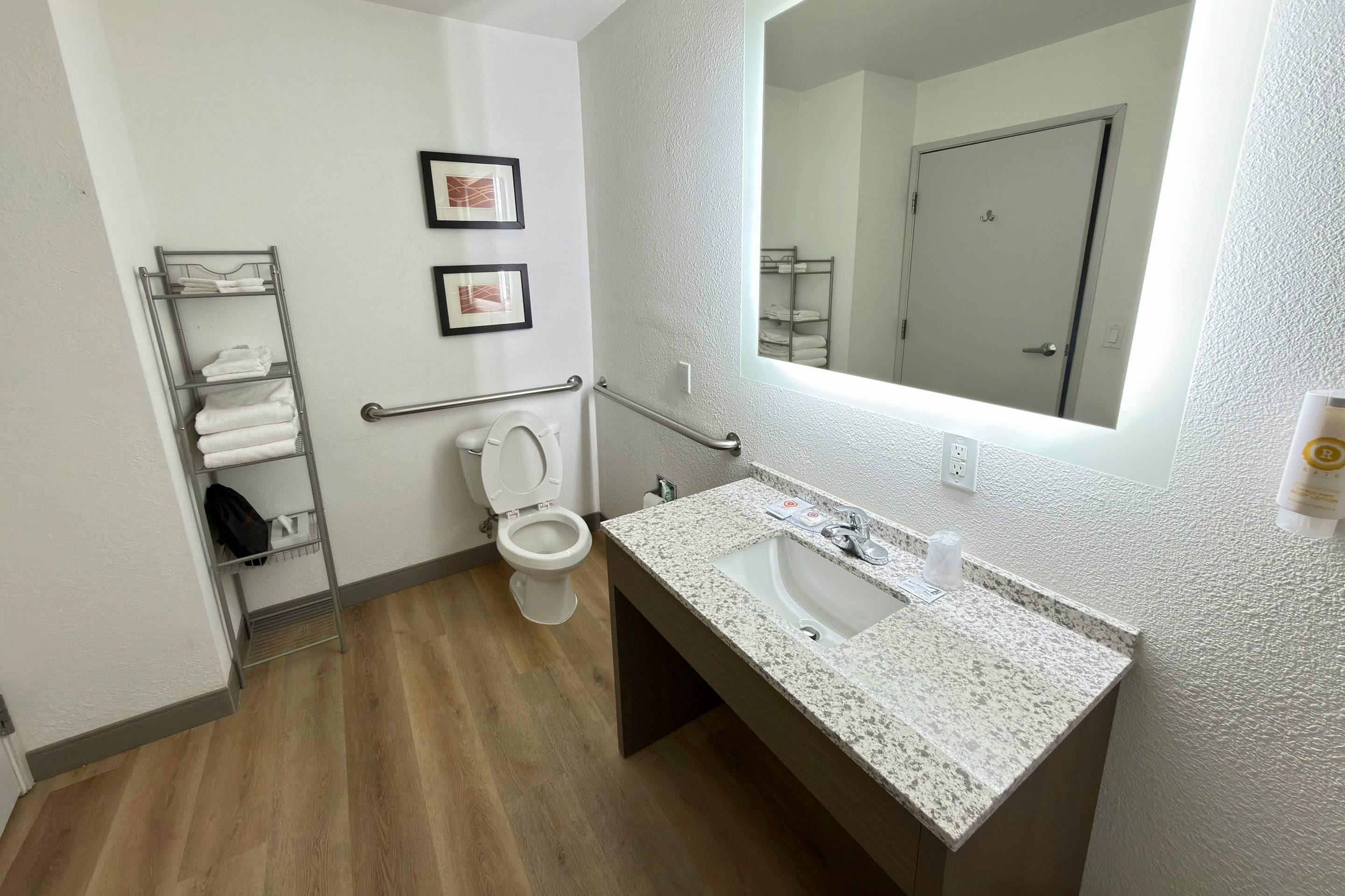 A bathroom with a toilet, sink, towel rack, and a mirror.