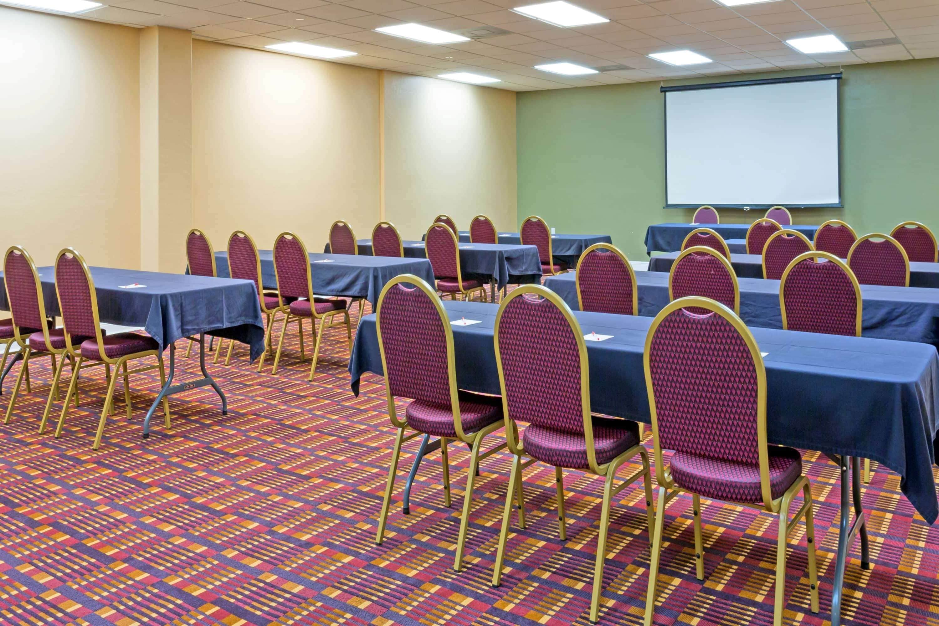 Una sala de conferencias con filas de mesas y sillas, una pantalla de proyector y suelo alfombrado.