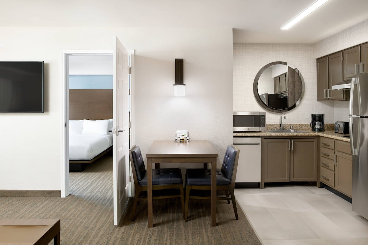 Premium bedding, pillowtop beds, desk, laptop workspace