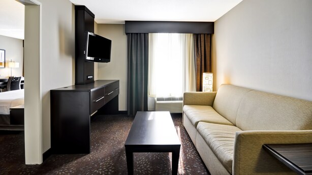A hotel room with a bed, a TV, a desk, a sofa, and a window with curtains. - Holiday Inn Express Romulus / Detroit Airport by IHG (Romulus)