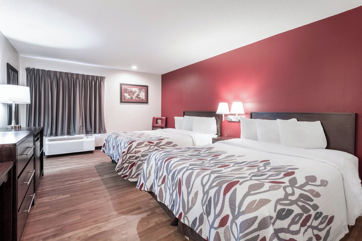 Deluxe Room, 2 Queen Beds, Non Smoking | Desk, laptop workspace, blackout drapes, iron/ironing board