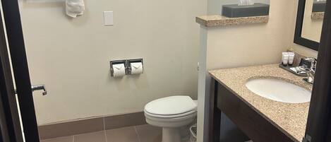Un baño con inodoro, lavamanos, toallero y espejo.