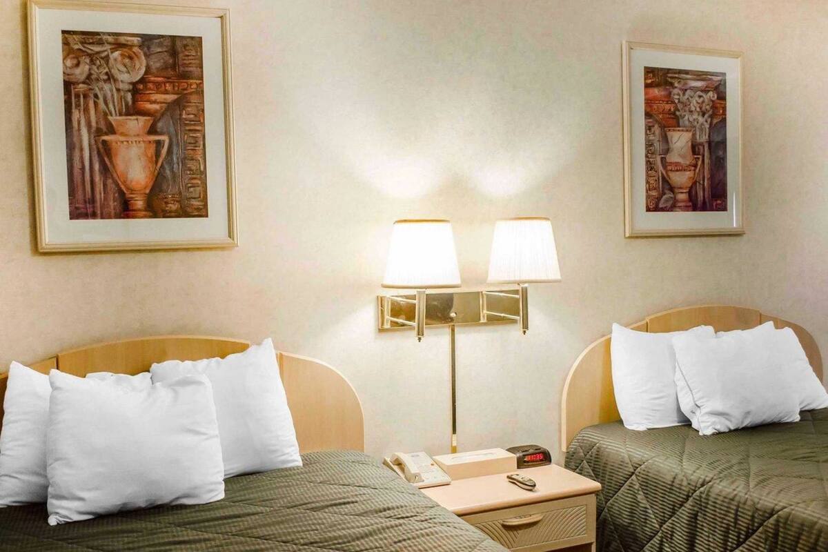 Una habitación de hotel con dos camas individuales, una mesita de noche con lámpara, un tocador y dos cuadros enmarcados en la pared.