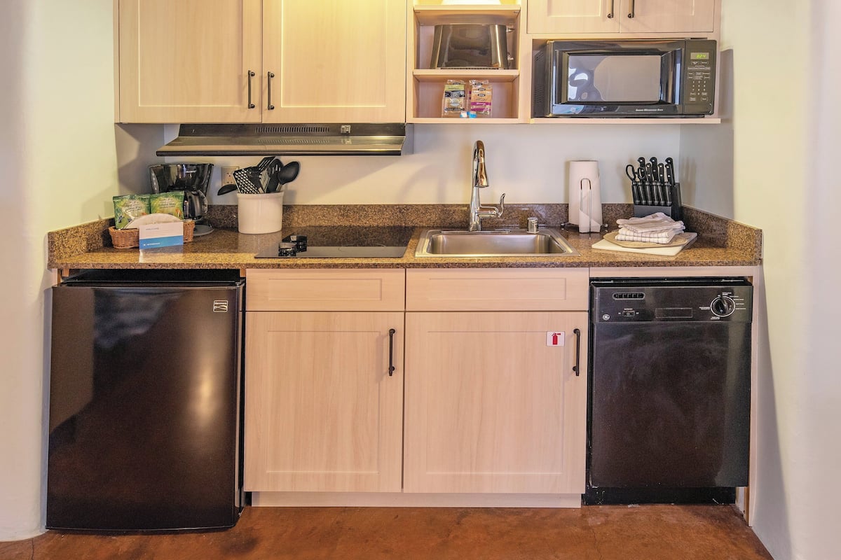 mini-fridge, microwave, stovetop, dishwasher