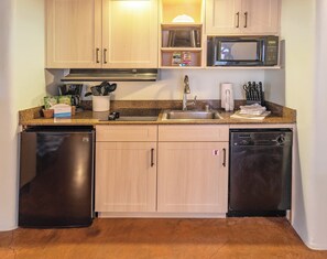 Mini-fridge, microwave, stovetop, dishwasher