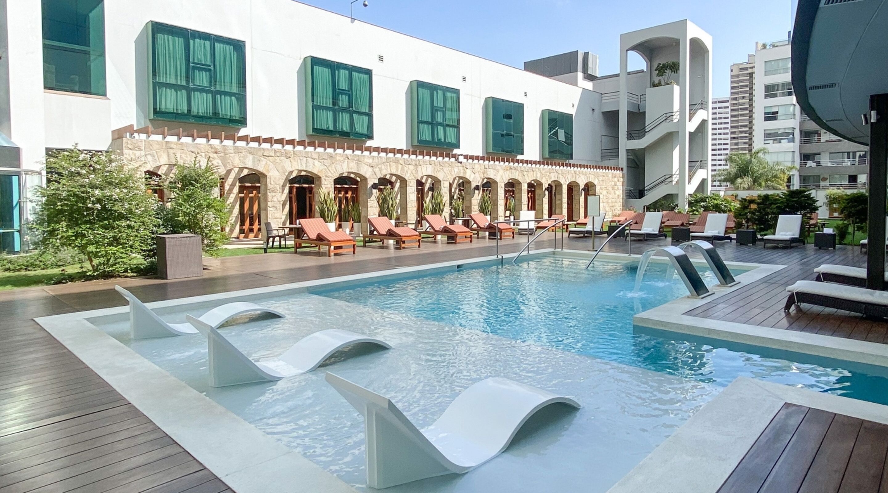 indoor pool, outdoor pool, open 7:00 am to 6:00 pm, pool loungers