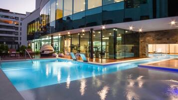 Indoor pool, outdoor pool, open 7:00 AM to 6:00 PM, sun loungers