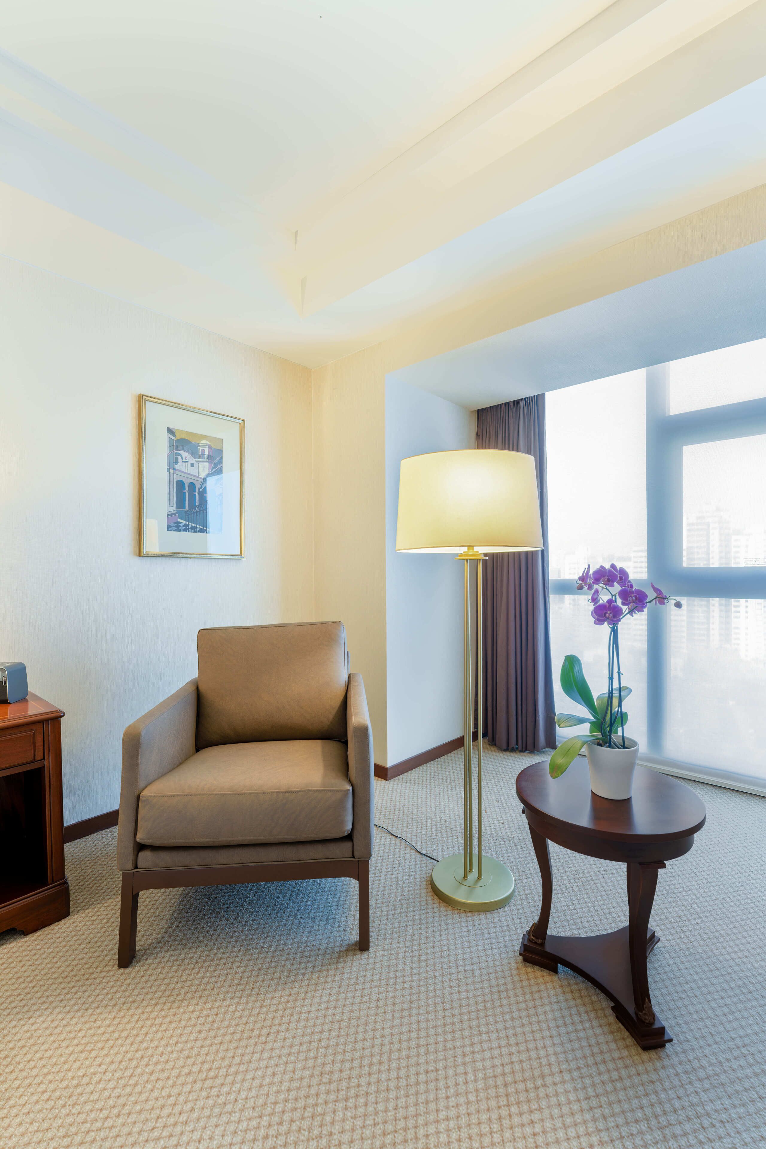 A hotel room with a chair, a floor lamp, a small table with a potted plant, a framed picture on the wall, and a large window with curtains.