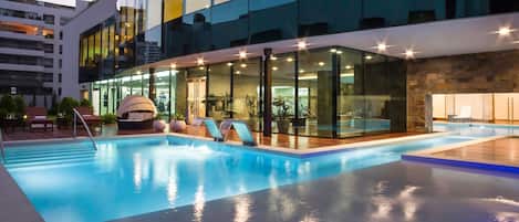 Indoor pool, outdoor pool, open 7:00 AM to 6:00 PM, sun loungers