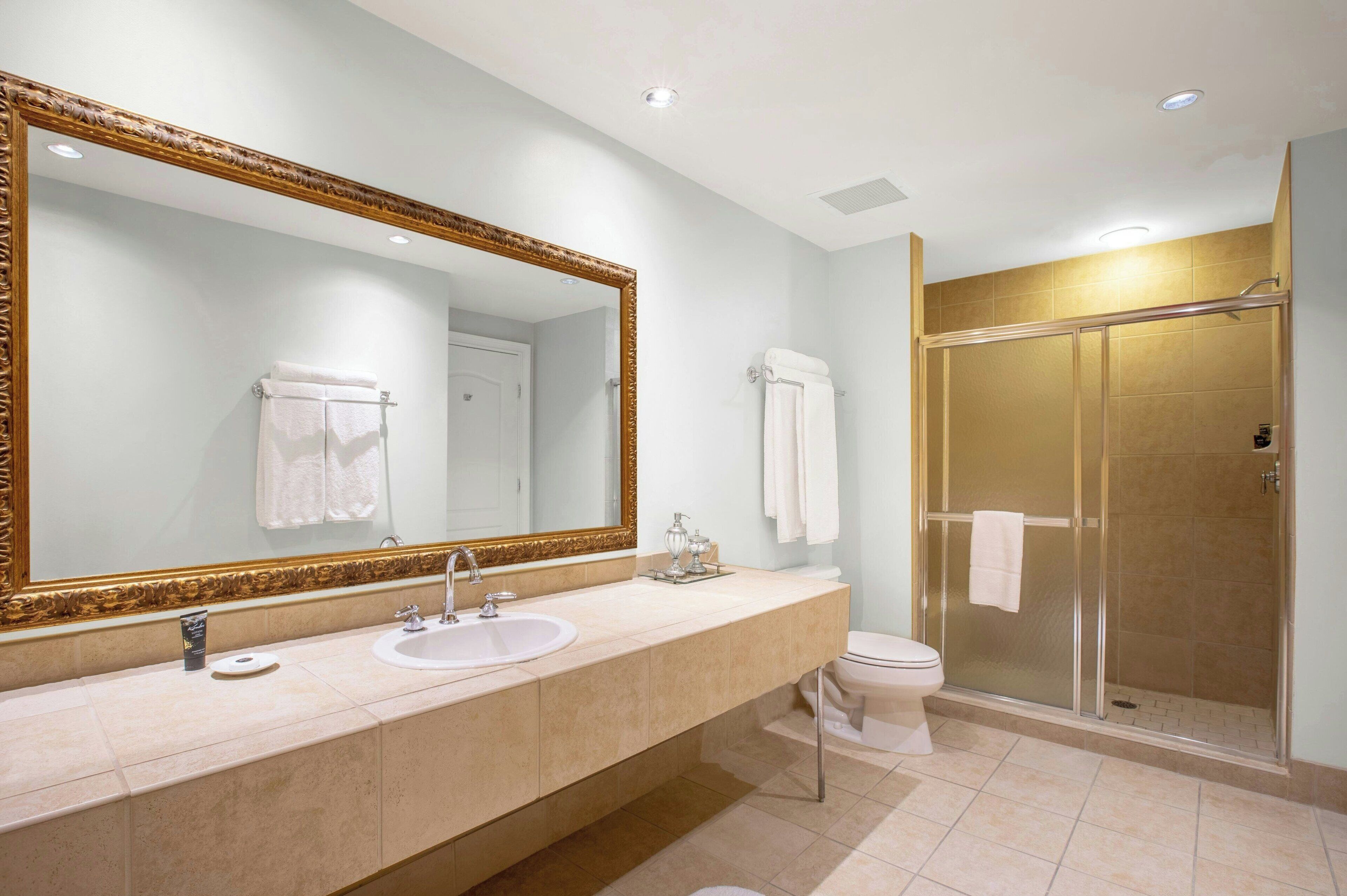A bathroom with a large mirror, a sink, a toilet, and a glass-enclosed shower.