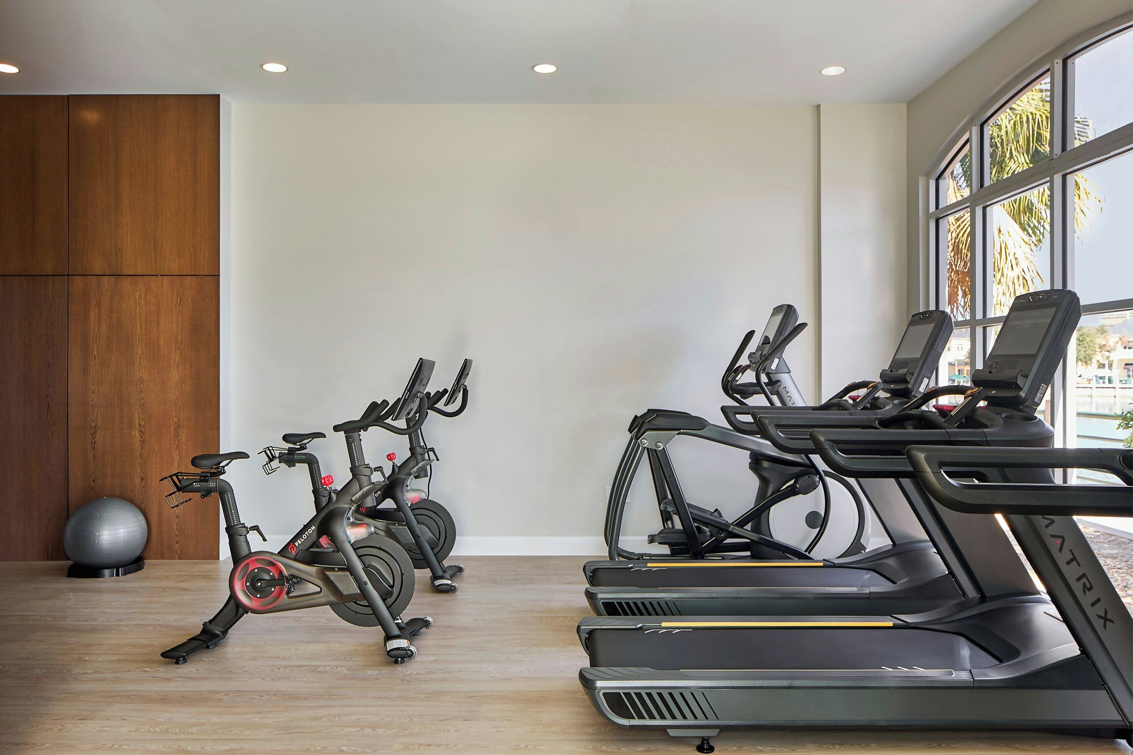 Un gimnasio con bicicletas estáticas, cintas de correr y una pelota de ejercicios grande.