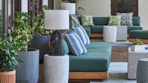 A cozy indoor seating area with a green sofa, multiple potted plants, and hanging wicker lamps. - The Inn at Celebration, Autograph Collection  (Celebration)