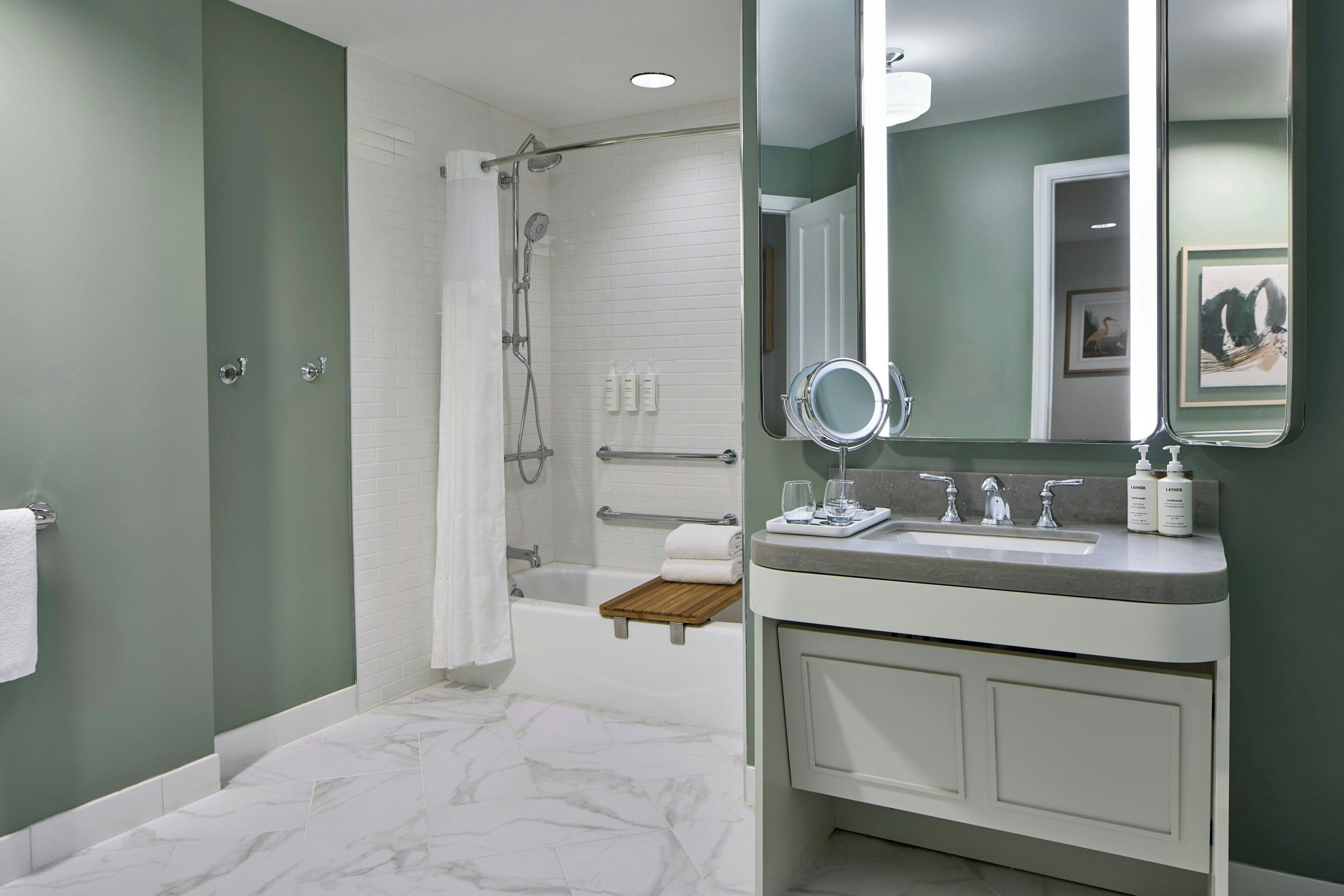 combined shower/bathtub, free toiletries, hair dryer, bathrobes