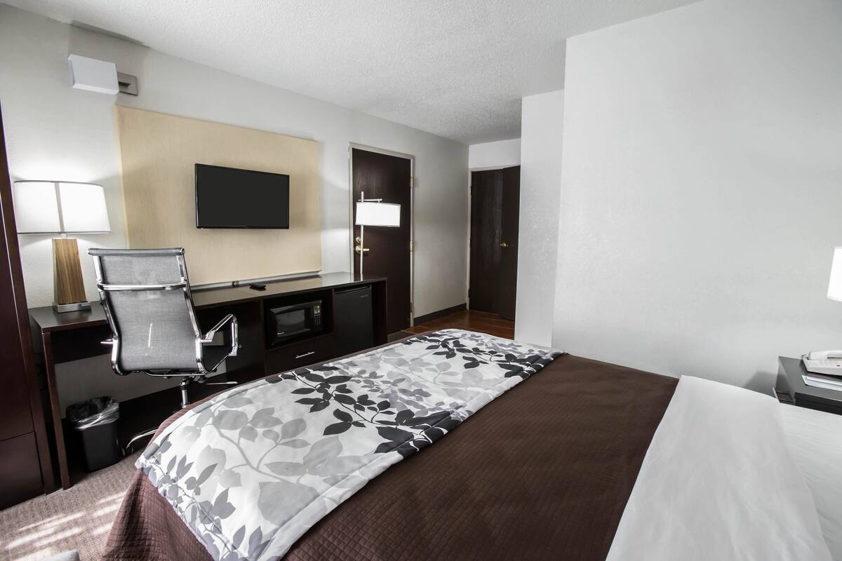 A hotel room with a bed, a desk with a chair, a television, and a door.