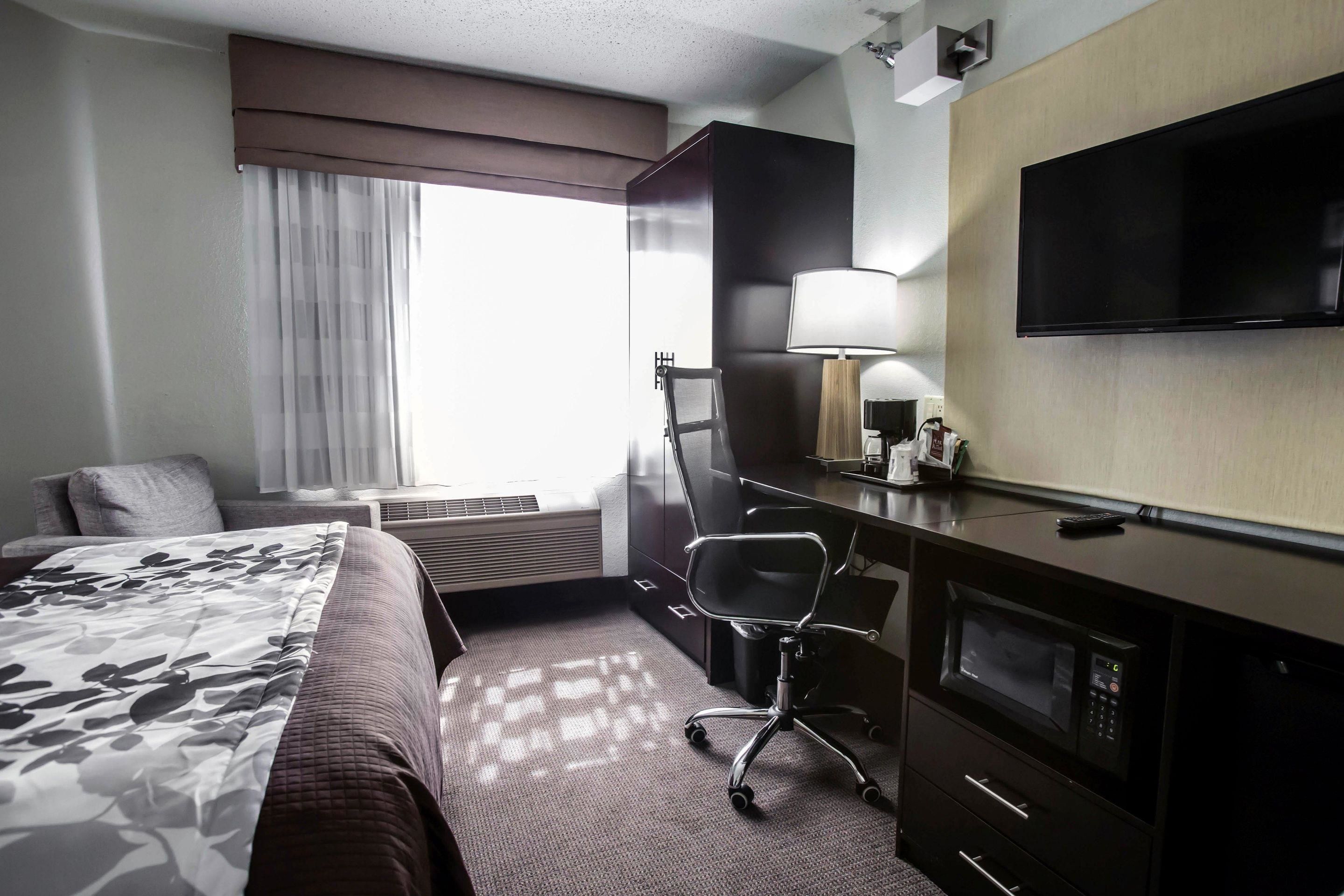 A hotel room with a bed, a desk with a chair, a television, a lamp, and a microwave.