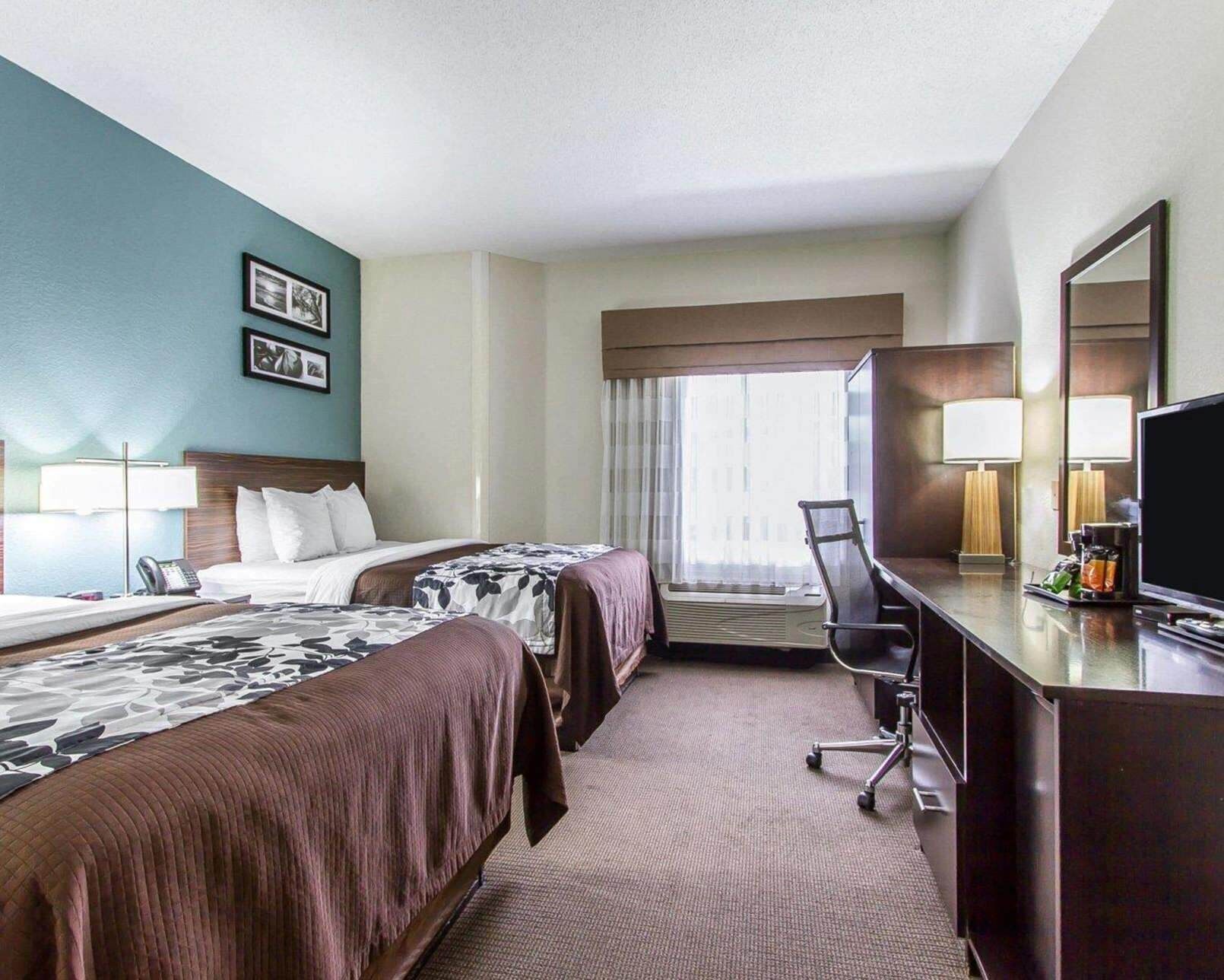 Premium bedding, pillowtop beds, desk, laptop workspace