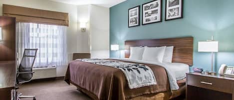 Premium bedding, pillowtop beds, desk, laptop workspace