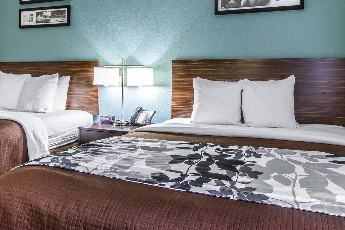 Quarto de hotel com duas camas, uma mesa de cabeceira com luminária e telefone, e quadros pendurados na parede.
