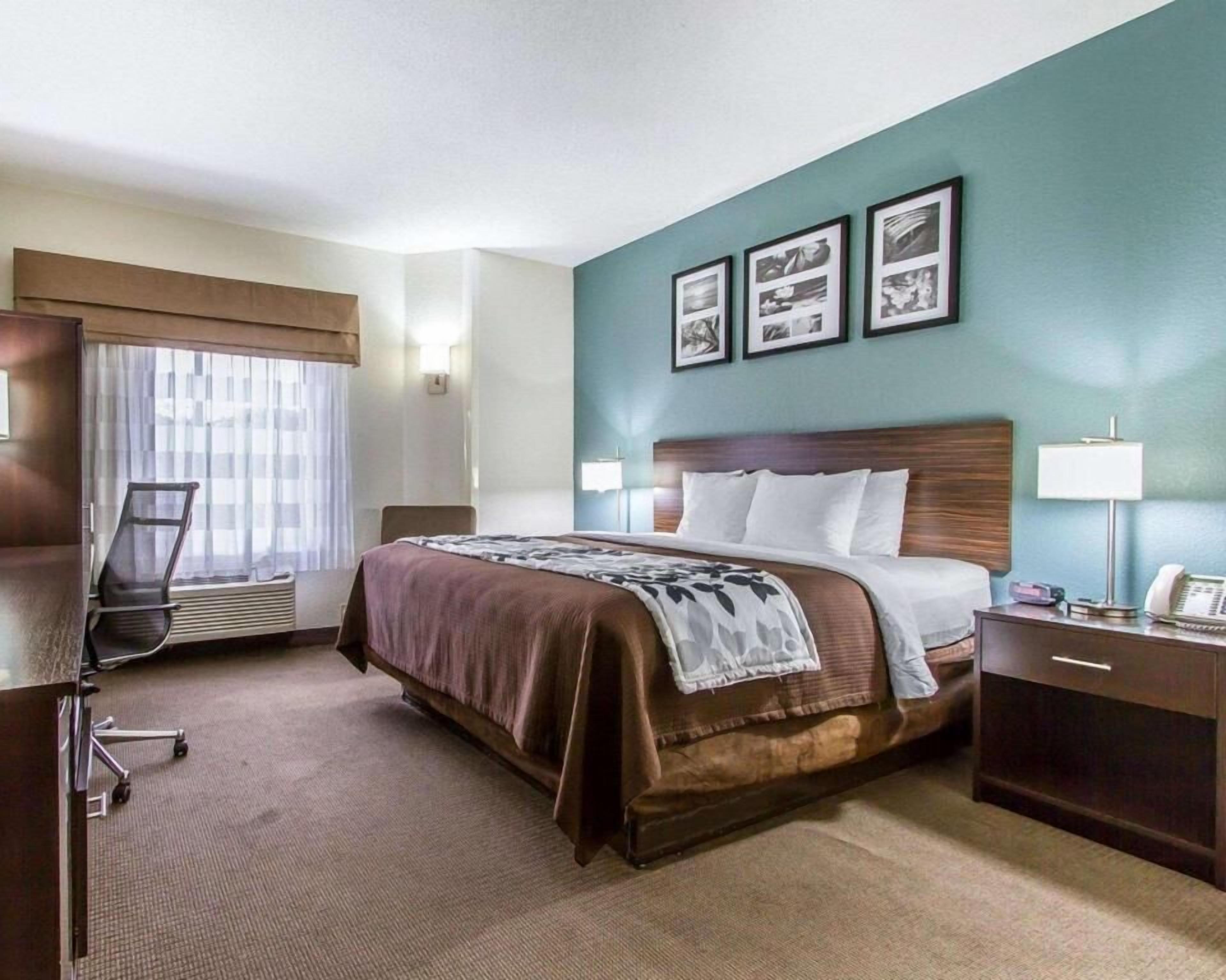 Premium bedding, pillowtop beds, desk, laptop workspace