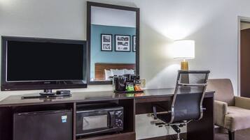 Premium bedding, pillowtop beds, desk, laptop workspace