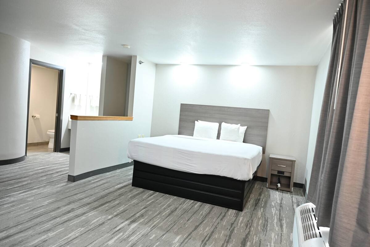 A hotel room with a large bed, a bedside table, a small nightstand, and a radiator.