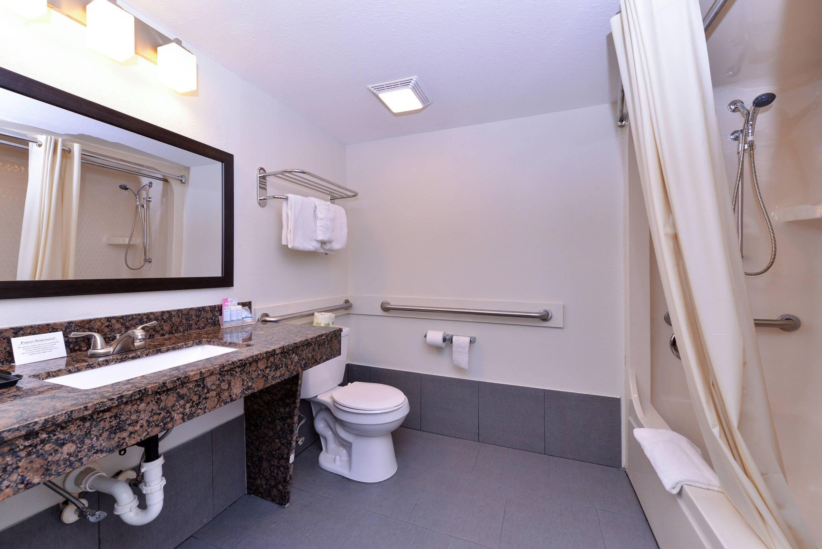 A bathroom with a sink, toilet, shower, and a mirror.