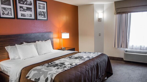 A hotel room with a large bed, a nightstand with a lamp, a wall-mounted air conditioner, and framed pictures on the wall.