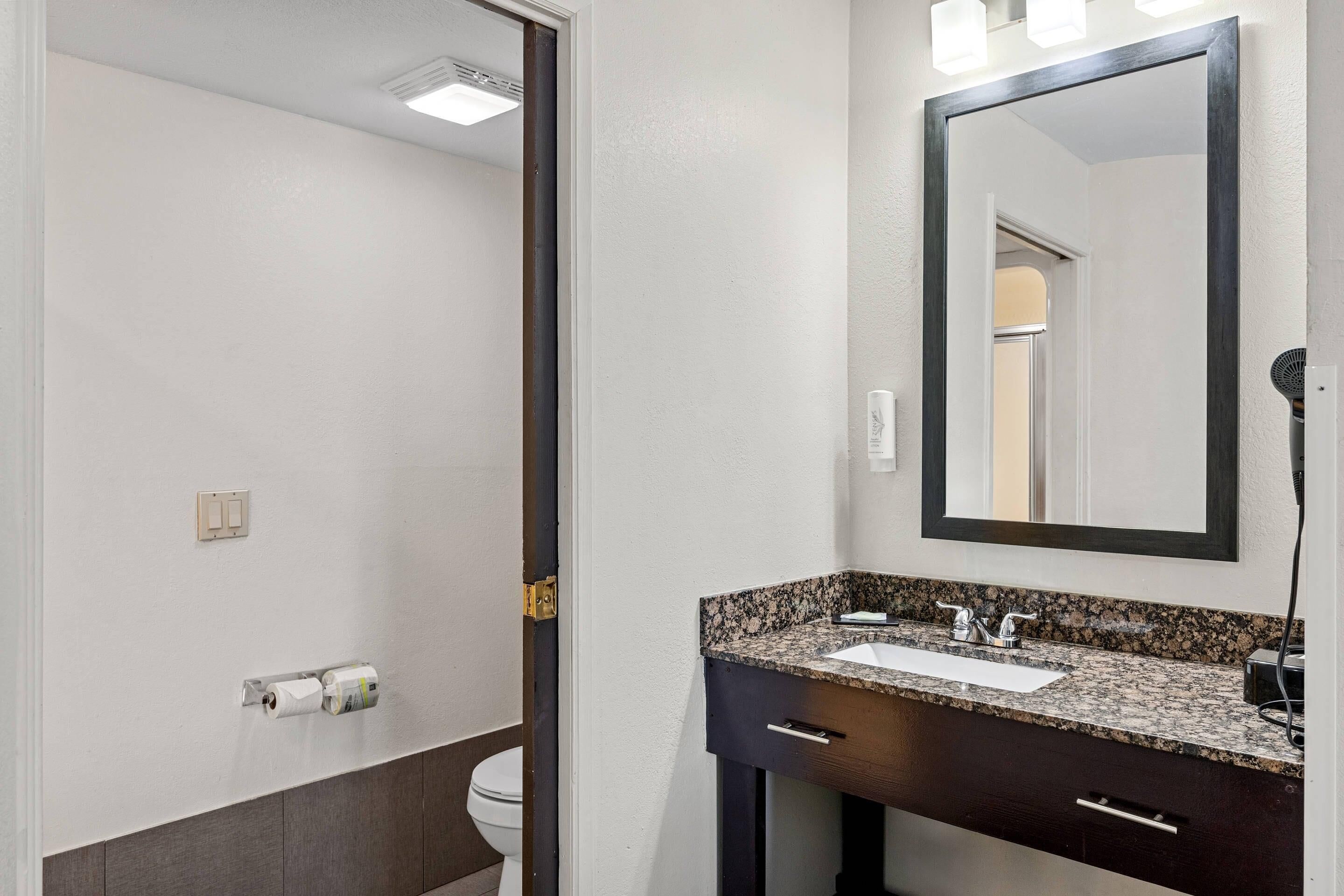 A bathroom with a sink, mirror, and toilet.