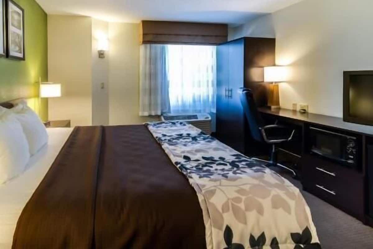 A hotel room with a bed, a desk, a chair, a TV, and a window with curtains.
