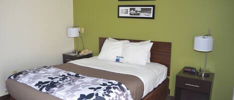 Una habitación de hotel con una cama, mesitas de noche y una pared decorada con cuadros.