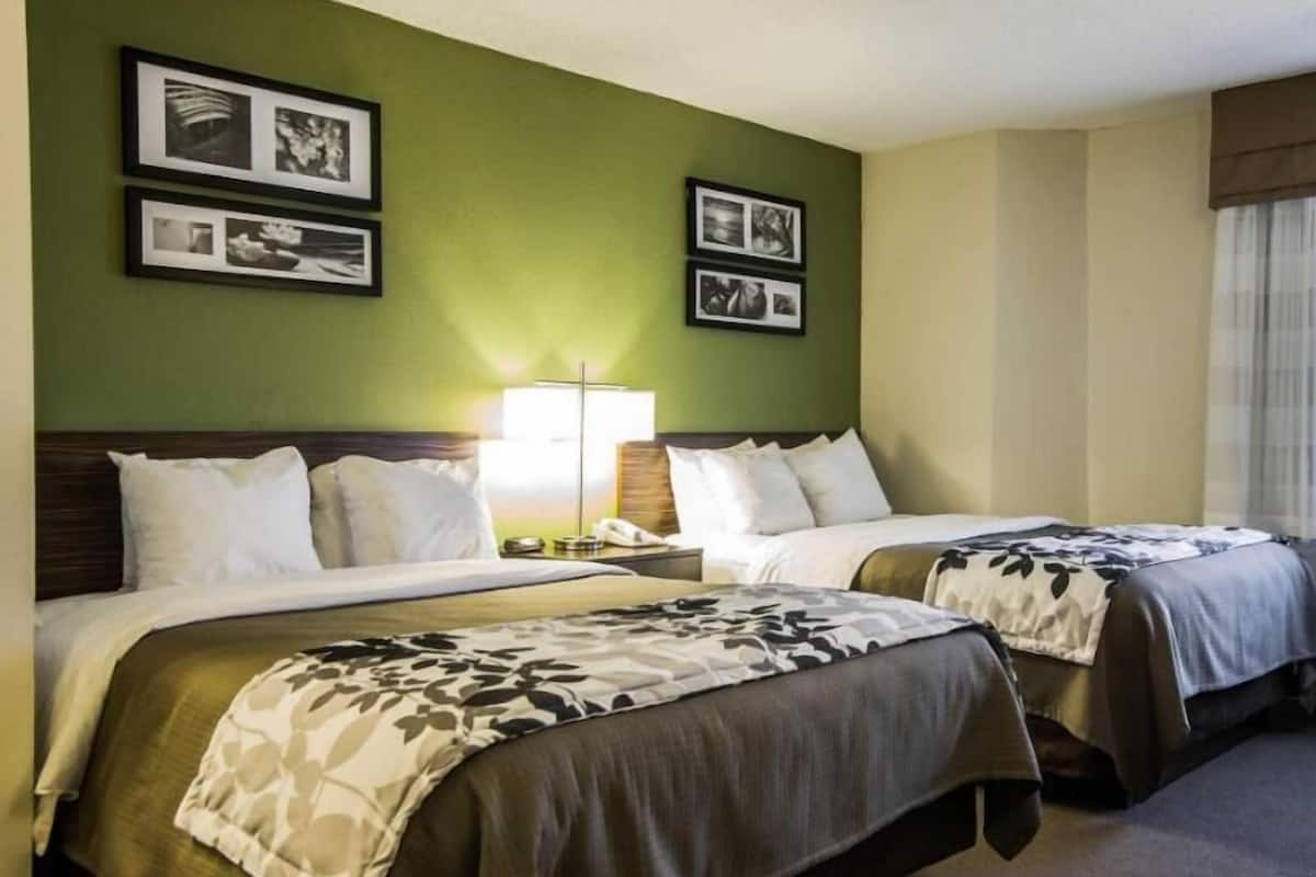 A hotel room with two beds, a nightstand with a lamp, and framed pictures on the wall.