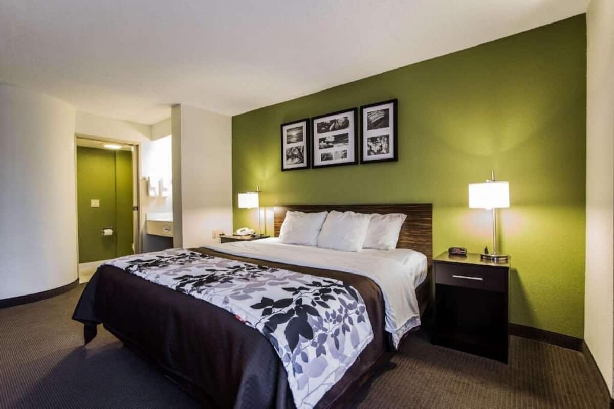 A hotel room with a bed, two bedside tables with lamps, a green accent wall, and framed pictures above the bed.