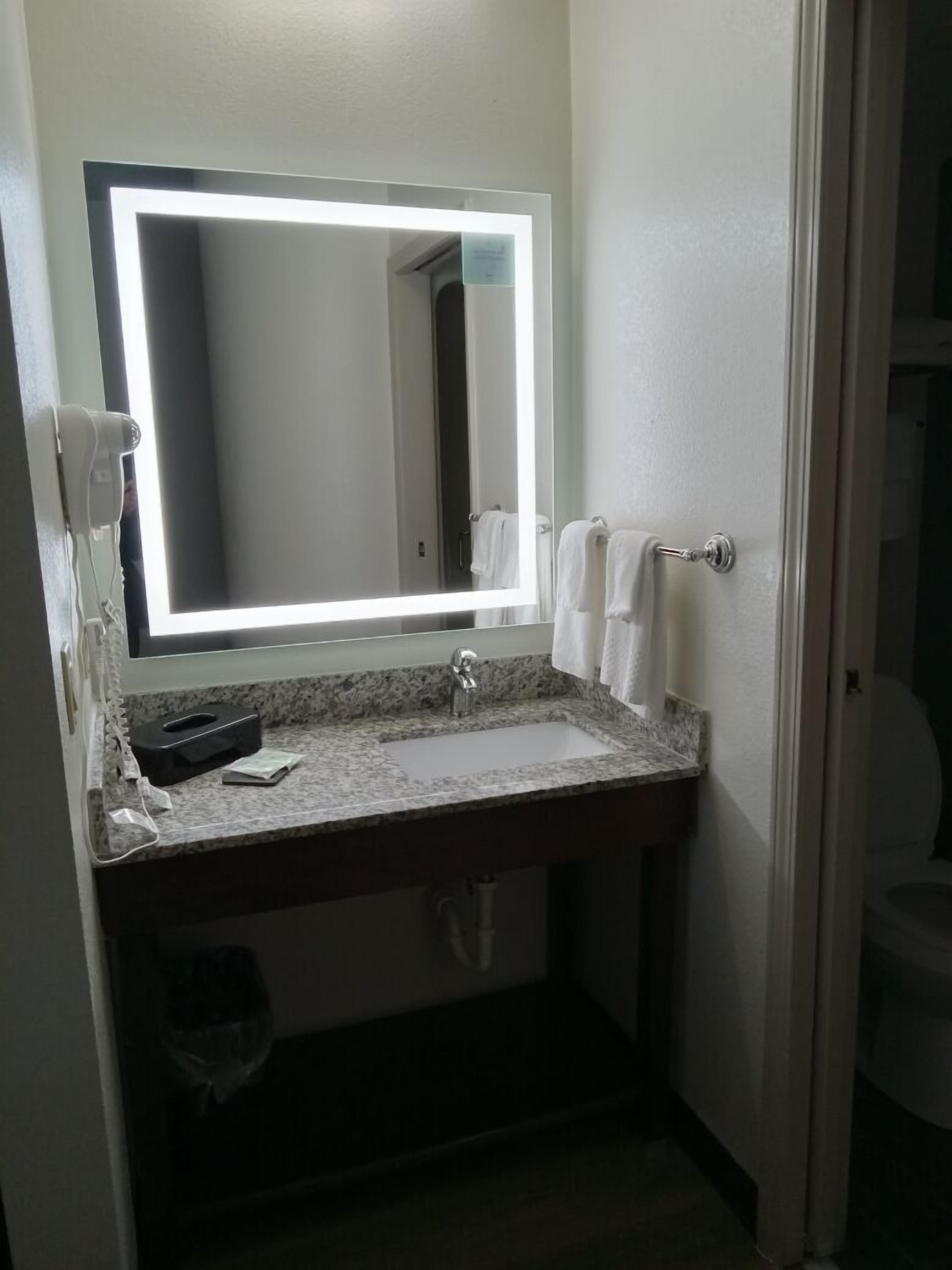 Een badkamer met een marmeren wastafel, een grote spiegel met ingebouwde verlichting, een handdoekhouder en een losse haardroger.