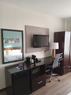 Desk, iron/ironing board, free WiFi, alarm clocks