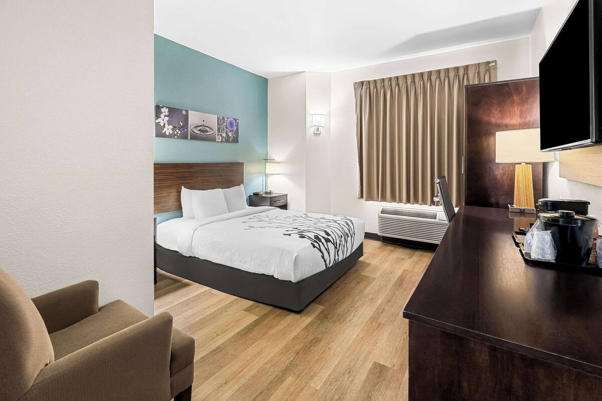 A hotel room with a bed, a desk, a chair, a television, and a window with curtains.