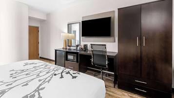 A hotel room with a bed, a desk, a TV, and a wardrobe.