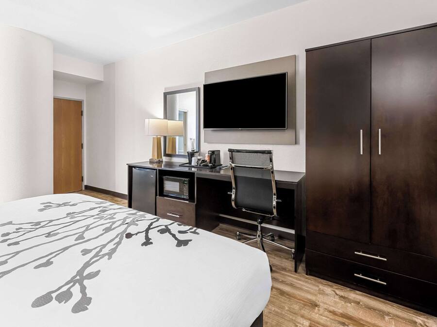 A hotel room with a bed, a desk, a TV, and a wardrobe.