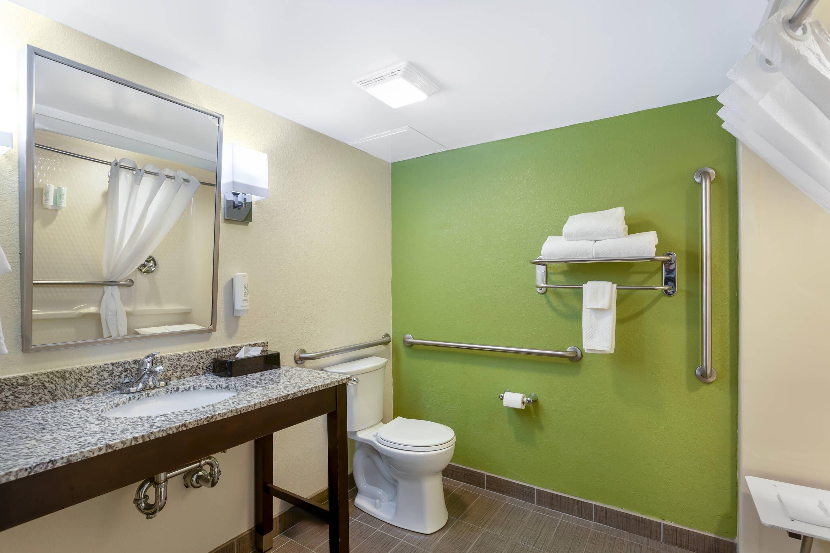 Une salle de bain équipée d’un lavabo, de toilettes, d’un miroir, d’un porte-serviettes et de barres d’appui.