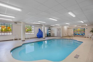 Indoor pool, open 9:00 AM to 10:00 PM, sun loungers